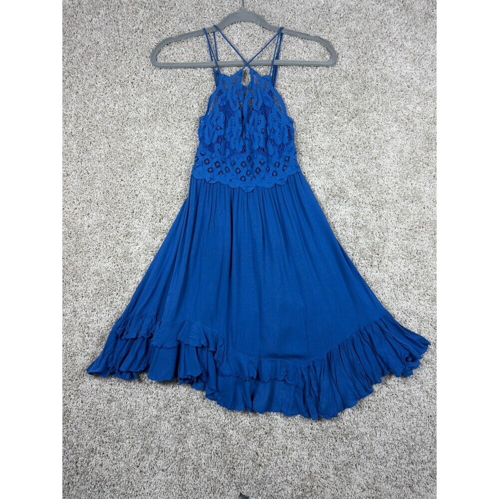 FP One Blue Crochet Lace Boho Sleeveless Tunic Dress Womens S